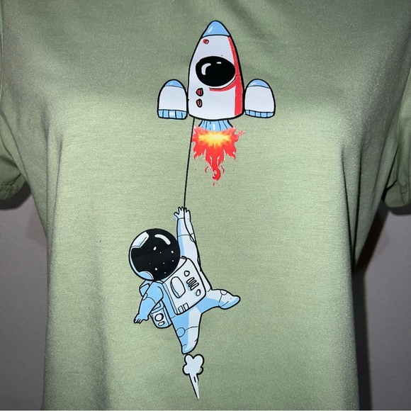 Sage Green T-Shirt with Astronaut and Rocket - Picture 2 of 4